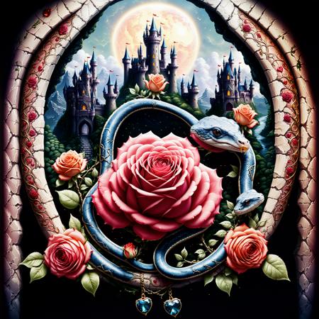 Fairy tale snake, gemstones, hearts, roses, castle . Magical, fantastical, enchanting, storybook style, highly detailed <lora:add-detail-xl:1> <lora:xl_more_art-full_v1:1>