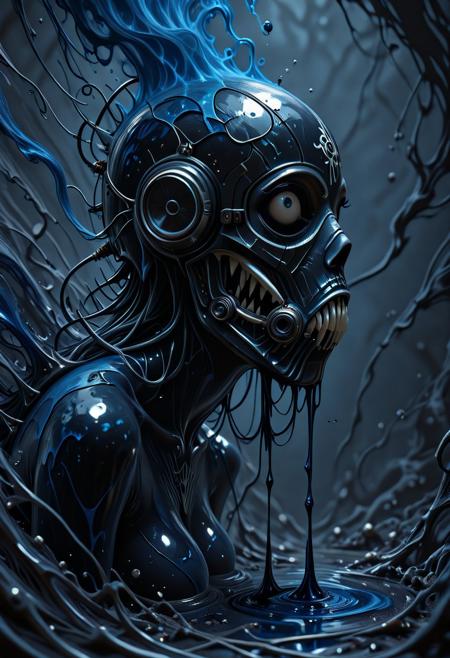angled side view, asymmetric, masterpiece, best quality, absurdres, very aesthetic,, abstract image of a nightmare, organic, swirling black blue liquid smoke, dramatic tension, bizarre, sinister:, paranormal, octane render, volumetric light, black bias, mobe-godeen, sm0k3