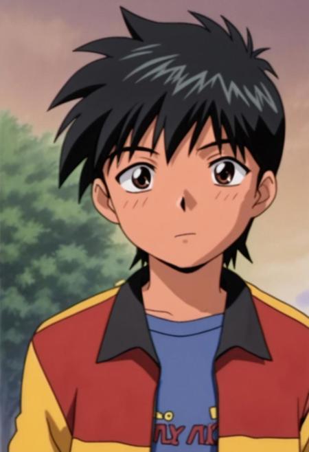 Hajime Aoyama, Black Hair, Brown Eyes Green Jacket, Yellow T-Shirt, Khaki Pants  Red and Yellow Jacket, Blue Shirt 1990s Anime, Retro Anime Style