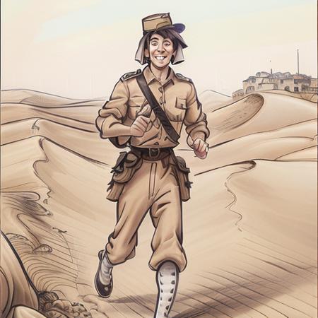 a cratoon of one nice face French foreign legion smiling private soldier running in full marching gear, full body, it's terribly hot in the desert