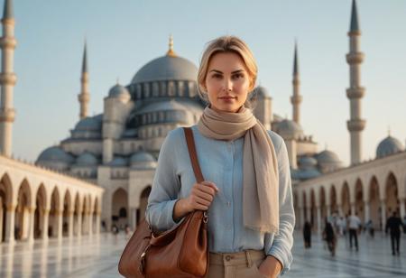 A hyper-detailed, ultra-photorealistic 8K travel portrait of a 40-year-old woman with sleek blonde hair tied back. She has soft wrinkles, subtle expression lines, pale skin with natural texture, and realistic facial details. The face is symmetric and rendered with lifelike shading and consistent lighting. Walking past the Blue Mosque in Istanbul at sunset. She wears high-rise beige jeans, a soft grey linen blouse, and a lightweight scarf draped over her shoulders. In her hand is a Nikon D5300, and a worn brown leather shoulder bag crosses her chest. Her face glows with warm golden Turkish light. Shot with Nikon D5300, 50mm lens, f/2.8, ISO 100. Background: softly blurred domes and minarets. Style inspired by Steve McCurry's vibrant portraits with rich cultural context. realistic human face, accurate eyes and mouth, high detail, no distortion,