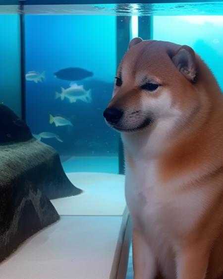 <lora:Cheems_50_2-000001:.95> a close cinematic portrait of cheems in an aquarium, looking at fish in a fish tank, blue lighting, eerie, centred composition, cinematic lighting