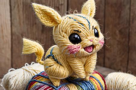 w00len, a hyper realistic macro close up picture of ((Pikachu made out of wool and yarn, wearing a yarn outfit, chinatown yarn backdrop, yarn