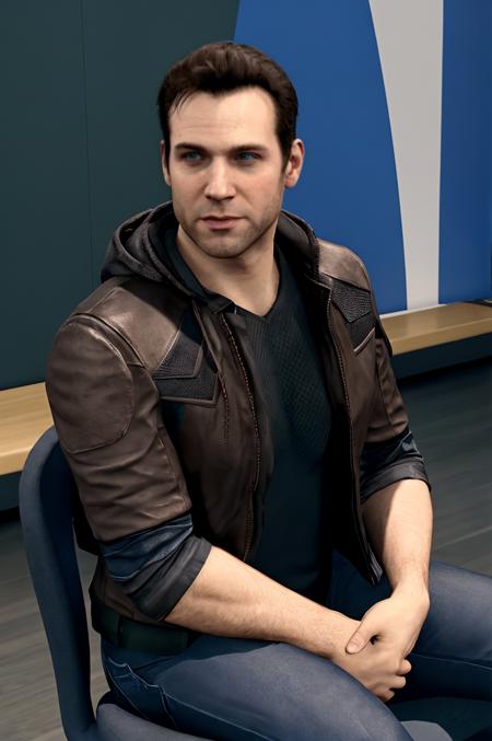 (RAW photo), <lora:gavreedtest:0.6>, gavinreed, upper body, male focus, (muscular:1.2), police station, jacket, jeans, sitting, chair