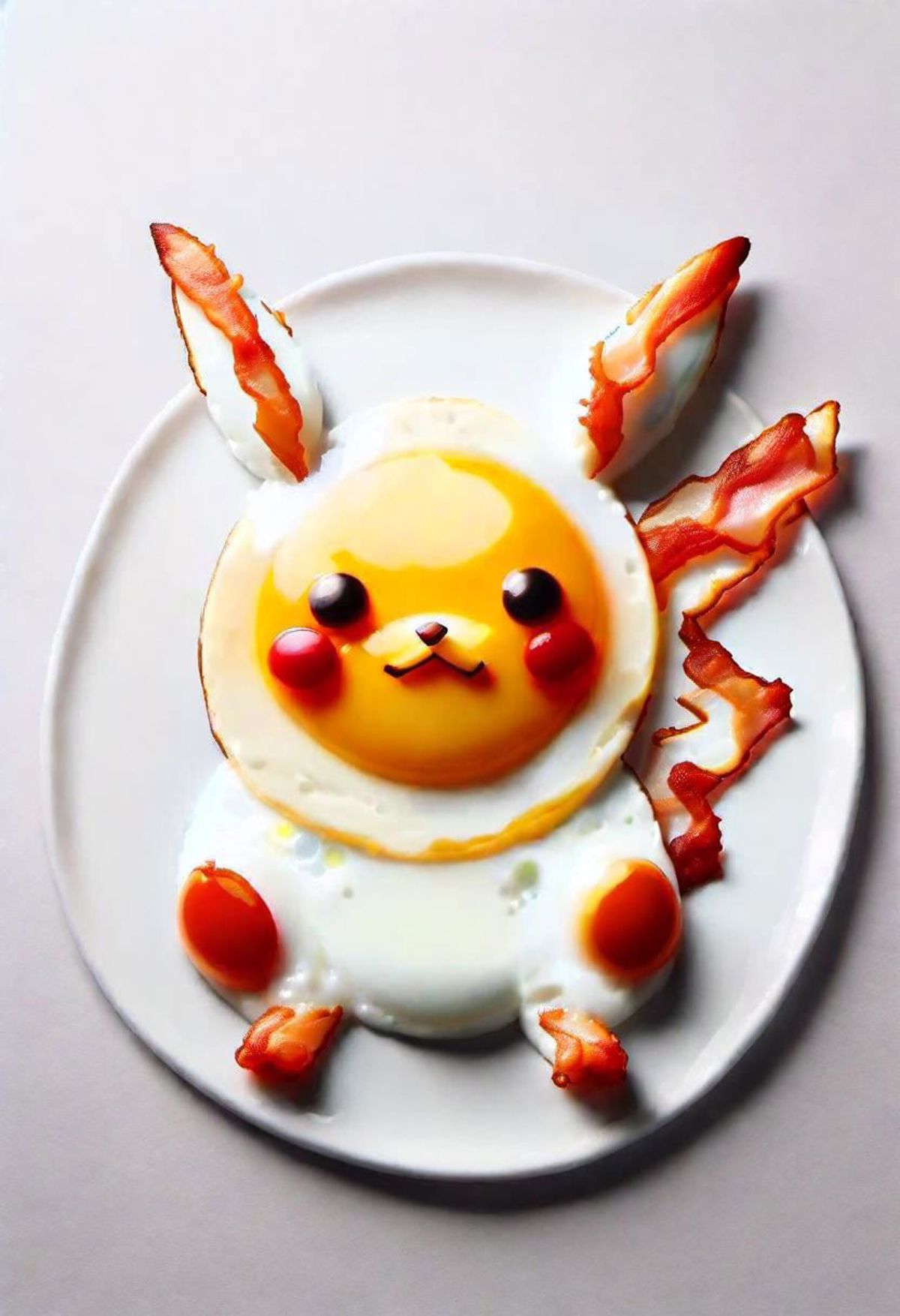 A creative breakfast plate with a Pokemon character made from eggs and bacon.