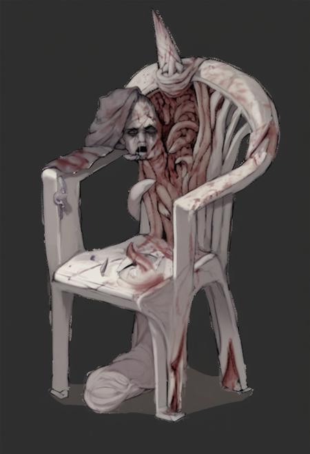 score_9, score_8_up, score_7_up, score_6_up, score_5, score_4_up, Fhunger, plastic chair, gore, spikes, sharp, blood, tentacles, evil, simple background