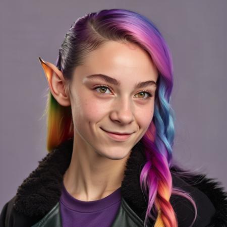 high-definition 8k photo in phst artstyle of a closeup with a studio background of a 23 year old woman with (pointed elf ears:1.3) and long rainbow-colored hair in a sideswept hairstyle with a soft smile and freckles wearing a black jacket with fur and a purple tshirt