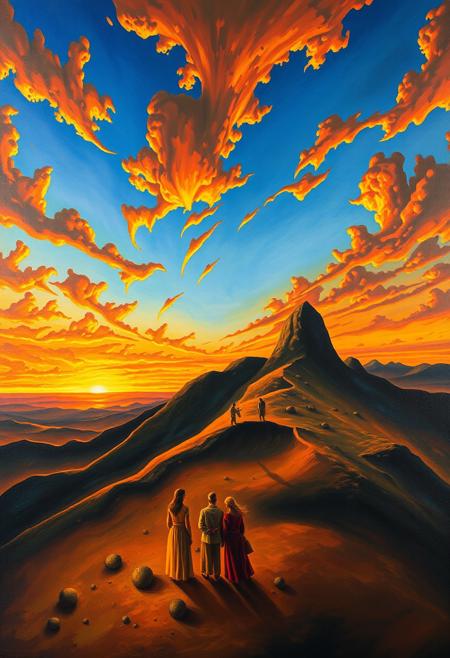 original painting by Salvador Dali "the permanence of memory", oil on canvas, Fantastically beautiful, high resolution, mesmerizing, sunset, dawn, wide color palette, magnificent people, beautiful animals, masterpiece, nature, ultra detail