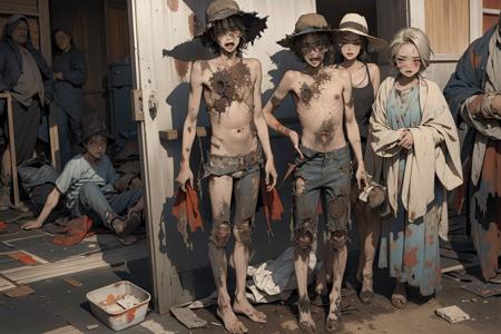 ruanyi00001,horror \(theme\),multiple boys,multiple girls,people,Great Famine,baby,nude,wrinkled skin,old woman