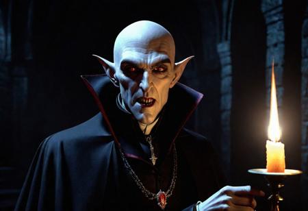 a photorealistic dark concept art of a vampire holding a candle, inspired by Gregorius Sickinger and the style of Nosferatu, with a dimly lit scene and an elegant horror atmosphere, incorporating elements inspired by Juliusz Kossak, Wojciech Kossak, and Marius Borgeaud.