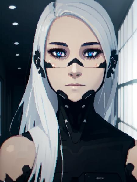 (masterpiece:1.2), high res, extreme detail, 1girl, (Signalis), a girl in a black bodysuit standing in a dark hallway, (cowboy shot:1.3), starry night, dynamic pose, black bodysuit, (face augments, ear augments:1.3), long white hair, detailed robotic blue eyes, (solo:1.3), (pixilated:1.3), anime, <lora:Signalis:0.9> <lora:flat2:0.6>