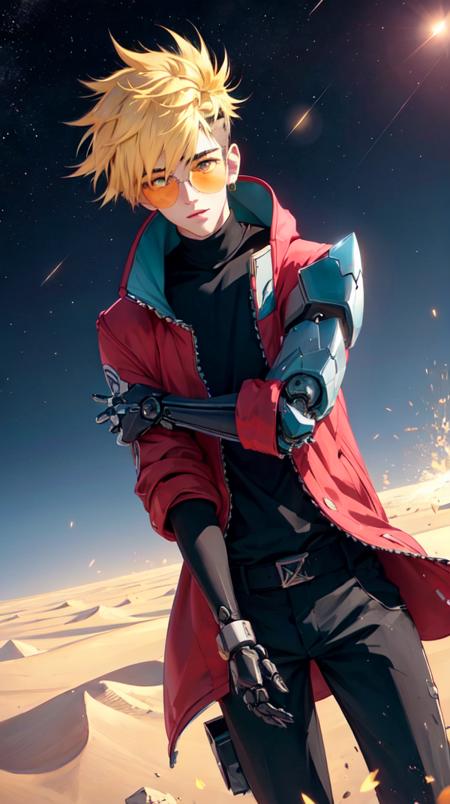 vash the stampede, 1boy, (mechanical arms:1.5), red coat, round eyewear,
intense angle, action pose, foreshortening, 
(extremely detailed CG unity 8k wallpaper, masterpiece, best quality, ultra-detailed, best shadow, volumetric lighting), (beautiful detailed face, beautiful detailed eyes), High contrast, high saturation, (best illumination, an extremely delicate and beautiful),
mksks style, beautiful background, outdoors, desert, light particles, dust, spacecraft, dune \(series\), post-apocalypse, starry sky, planetary ring, planet,