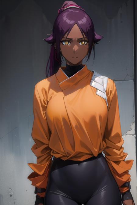 yoruichishihouin, <lyco:yoruichishihouin-lyco-nochekaiser:1>,
yoruichi shihouin, long hair, (yellow eyes:1.5), ponytail, purple hair, dark skin, (dark-skinned female:1.5),
BREAK bodysuit, black bodysuit, bodysuit under clothes, (orange shirt:1.5), long sleeves,
BREAK outdoors,
BREAK looking at viewer, (cowboy shot:1.5),
BREAK <lyco:GoodHands-beta2:1>, (masterpiece:1.2), best quality, high resolution, unity 8k wallpaper, (illustration:0.8), (beautiful detailed eyes:1.6), extremely detailed face, perfect lighting, extremely detailed CG, (perfect hands, perfect anatomy),