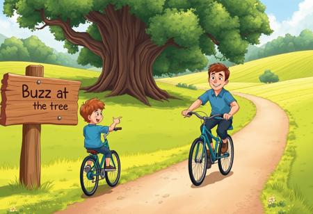 Cartoon realistic of a father and son riding a bike towards a big tree on a sinuous path in the countryside. And a wooden plank sign says: "Buzz at the tree". The kid is pointing at the sign, because he has stopped his bike, and his father has a smile.
