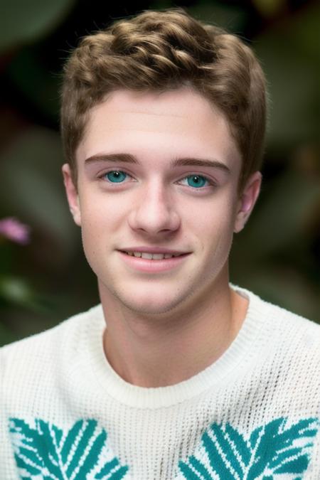 [extreme closeup] of a young man, (head shot, perfect face, clear eyes), white knitted sweater, in a jungle paradise, teal flowers, [smiling], uhd, raw, 8k  <lora:topherGrace:1>