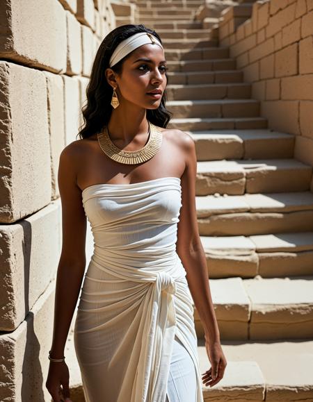 analogue photo of dark skin beautiful Egyptian woman, Bathed in the soft early-morning light on a temple’s worn stone steps, an earnest priestess in a neatly pressed, yet realistically aged linen dress adjusts her handcrafted headband and simple adornments, her appearance a sincere blend of noble heritage and daily practicality., wlae86, <lora:sdxl_Egyptian_WalkLikeOne:1.0> clear focus, high resolution image,  ,Ancient, egypt, mystical and epic feel,,high quality, film grain, Fujifilm XT3, 8k uhd, dslr, film grain, kodak tri-x 400 film, grain photo DOF, faint lighting, dynamic angle, cinematic, Depth of field, bokeh, best quality, cinematic, light particles, highly_detailed, very_aesthetic, golden hour, beautiful_and_aesthetic ,Sexy pose, erotic pose, exhibitionism,
