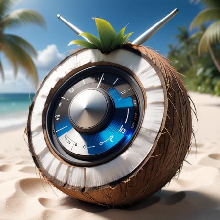 concept art (Digital Artwork:1.3) of (Ultrarealistic:1.3) <lora:DalE-3-FFusion-LoRA-ViT-FA:1> 4K digital render of a coconut crafted into the form of a radio. The hairy exterior forms the body, while the inner shell has been modified with dials and speakers. It plays soft tropical tunes, and rests on a sandy beach under a palm tree.,CGSociety,ArtStation . digital artwork, illustrative, painterly, matte painting, highly detailed