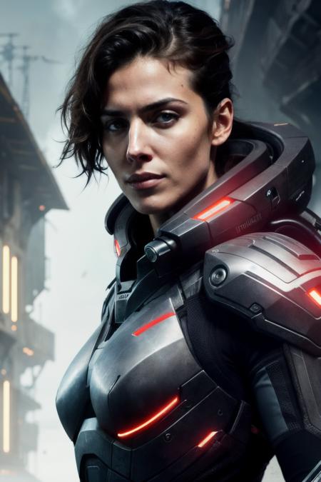 a photo of annly , ((best quality)), ((masterpiece)), (detailed), Midjourney Style, close-up, woman, red eyes, concept art, inspired by Marek Okon, digital art, Crysis Nanosuit with (no helemt), futuristic, (glowing elements:1.1), 4:3 aspect ratio, dynamic duo,<lyco:AnnaLynneM-RealVision-V1.0:1.0>