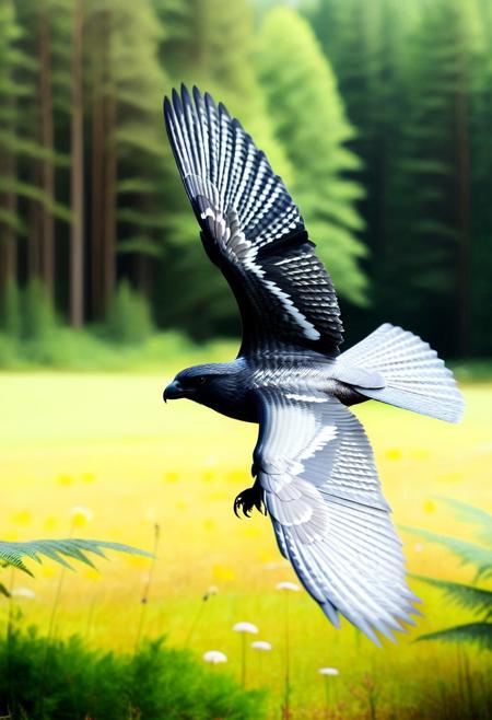 cf_style, (close up:1.8), photo,  photo_realistic, (bird cf_style:1.6), no people, (outdoors:2), (forest), (hawk), flying.