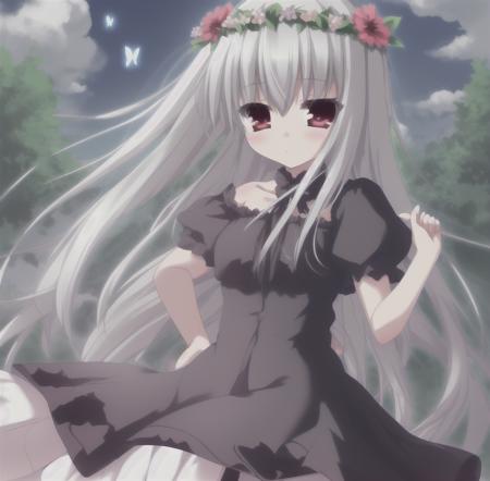 best quality,4k,1girl, solo, butterfly, bug, flower, long hair, red eyes, head wreath, sky, dress, blush, grey hair