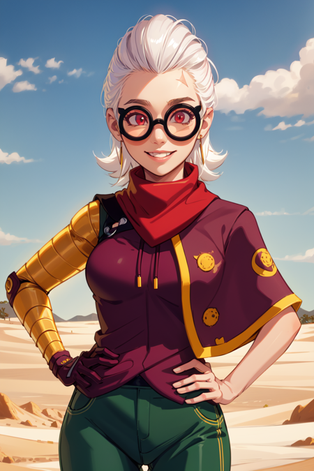 belleBS, 1girl, white hair, short hair, tinted eyewear, scar, single mechanical arm, single glove, scarf, capelet, brown shirt, belt, green pants, boots