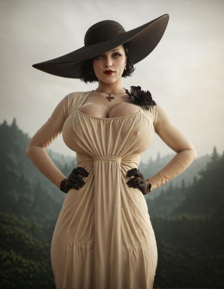 very tall,woman,long white dress with a black flower on her left side,black gloves,black hat,necklace,black hair,yellowish eyes,pale-white skin,dark-red lipstick