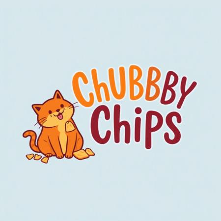 Logo "CHUBBYCHIPS" with "Chubby" in orange and "Chips" in maroon written together, to the left of text is a chubby ginger cat eating chips, 4 colors, whimsical font, whimsical