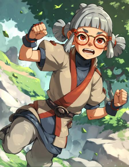 score_9, score_8_up, score_7_up, score_6_up, score_5_up,
1girl, josha wearing gray tunic with puffy short sleeves red, gray pants, belt, red eyes, red-framed eyewear, high collar, silver hair, action pose
source_anime, <lora:josha_sdxl_pdv6:1>