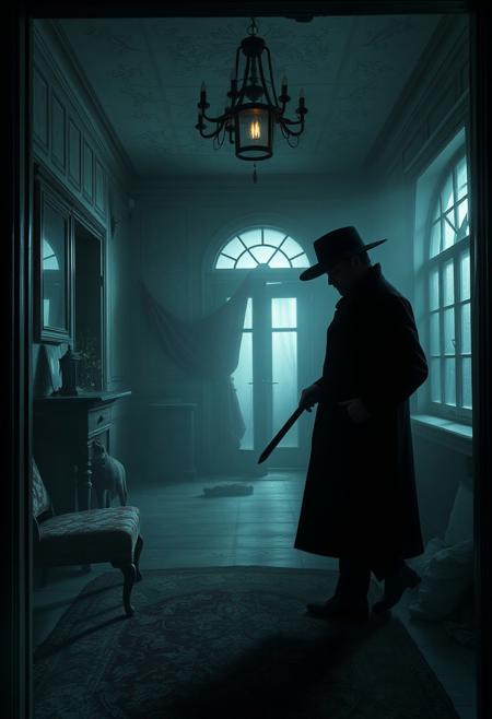 Secret detective, there has been a mysterious murder in an abandoned house. Misty interior. Time of murder is Christmas eve