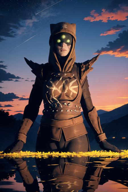 (masterpiece, best quality:1.2),  <lora:eris_morn:.9>, eris morn, solo, 1girl, breasts, large breasts, glowing, glowing eyes, armor, hood up, shoulder armor, green eyes, hood, gloves, pauldrons, umbrella, reflection, sky, cloud, star \(sky\), sunset, starry sky, water, flower, outdoors