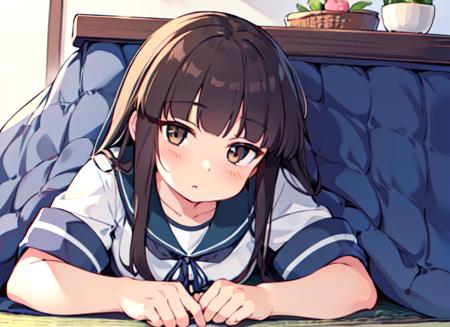 (masterpiece), (best quality), (ultra-detailed), photorealistic, (best illustration), (an extremely delicate and beautiful), 1girl, solo, long hair, hatsuyuki \(kancolle\), brown eyes, blunt bangs, serafuku, teal sailor collar, (lying, kotatsu), (table), hime cut, short sleeves, on stomach, <lora:kotatsu-20:0.8:lbw=OUTD> <lora:hatsuyuki_nai_4-40:0.8:lbw=OUTD>