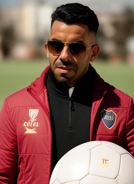 portrait of sks man (tevez:1), serious look with very short hair, dressed with red jacket and aviator glasses, holding a (soccer ball:1.3), (outdoors:1.2), natural lighting, 4k, 8k, 8k realistic, sharp focus, intricate, high resolution  <lora:tevez:1>