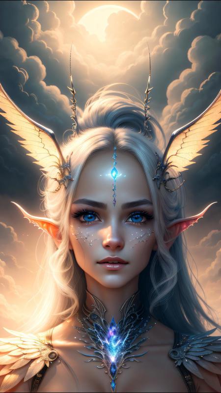 (ultra realistic, best quality, masterpiece, perfect face) , alluring succubus, ethereal beauty,  <lora:Animesh-Lora:1>, perched on a cloud, (fantasy illustration:1.3), enchanting gaze, captivating pose, delicate wings, otherworldly charm, mystical sky, moonlit night, soft colors, (detailed cloudscape:1.3), (high-resolution:1.2)