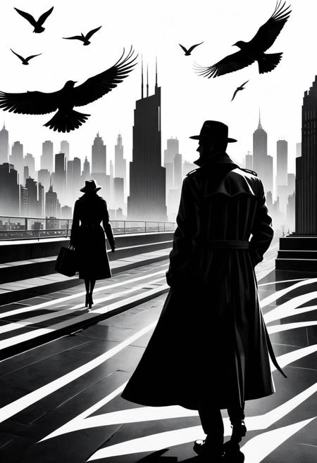 To discover the mode of life or of art whereby your spirit could express itself in unfettered freedom, monochrome illustration, minimalist ink drawing, silhouetted figures, city skyline, dynamic linework, noir aesthetic, mid-century style, cinematic composition, birds in flight, radiating lines, trench coat, vintage fashion, urban drama, architectural detail, visual storytelling, high contrast
