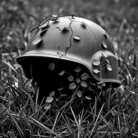 Cracked military helmet in grass, Vines growing through military helmet, black and white silhouette, the word F4RSHOT