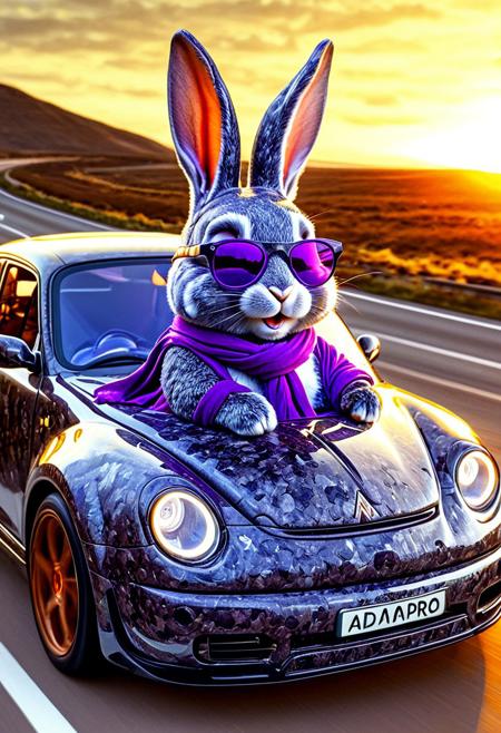 forged carbon style, Absurd rabbit sitting in a vintage car. The rabbit is small and chubby, with big, expressive eyes and a wide, friendly smile. It wears oversized purple sunglasses and a matching purple scarf. The car is classic and rounded, with visible details such as headlights and wheels. The background is the highway. The lighting is bright and cheerful, highlighting the rabbit and the car. The style is cute and whimsical, with exaggerated features and vibrant colors. The overall atmosphere is playful and fun. Detailed forged carbon texture,<lora:aidmaFLuxPro1.1_v0.3_IL:0.8> aidmafluxpro1.1