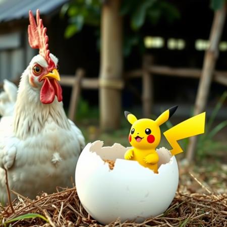 a surprised chicken watches as her egg hatches and a baby pikachu from pokemon emerges from the egg, farm backdrop,