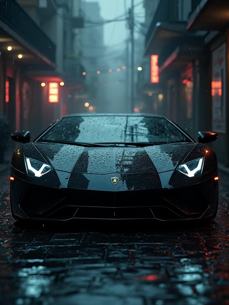 A photorealistic rendering of a sleek Lamborghini Aventador parked in a shadowy, rain-soaked alleyway at night, inspired by the moody atmospheres of cyberpunk art. The car's angular, glossy black paint reflects the soft glow of distant neon signs, with subtle puddles on the cobblestone ground enhancing the dark, mysterious ambiance. The scene is illuminated by dim, flickering streetlights, creating a dramatic interplay of light and shadow on the car's sharp contours, emphasizing its futuristic design