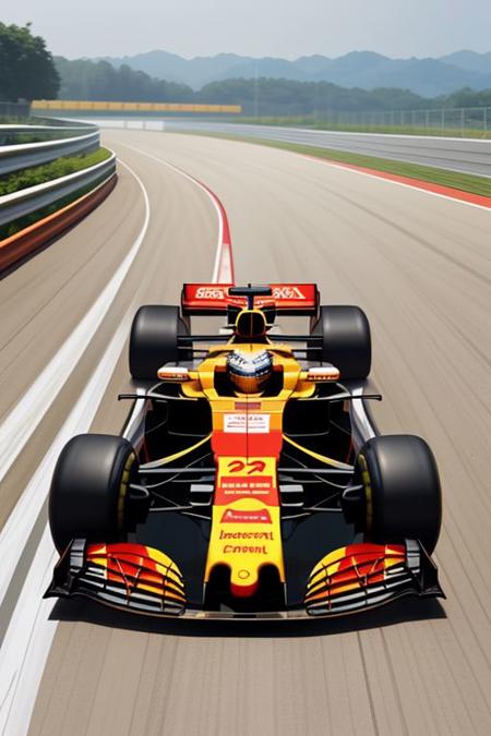 a formula 1 style car driving in a chinese race track with people cheering in the stands, low stands, the car is on the track, black track, all tires visible,
