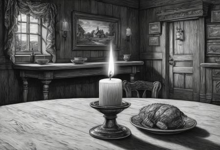 A candle on the table, Inside old tavern, Dark ambiance, oil painting by James Gurney detailed matte painting hyperdetailed charcoal drawing HDR, 4K, ultrarealistic, intricate, hyperdetailed, sharp focus