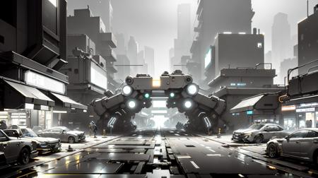 <lora:WhiteboxStyle:0.5> WhiteboxStyle High-Tech Cyberpunk City Street: Neon signs, crowded market, futuristic vehicles, tall chrome buildings, wet reflective pavement. platform level monochrome