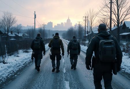 Four survivors in dayz walking down road away from a city with snow. No text