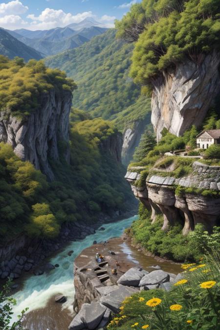 masterpiece, 8k, UHD, best quality, high res, amazing quality, 
Mysterious stone structures descend down the slope into a valley where a noisy river flows through a rocky hollow surrounded by low trees. Small multi-colored flowers grow in abundance along the slope, vines twine around the stone structures. Clear blue overhead.
awesome background, 
high detailed, intricate,
linquivera, liiv1