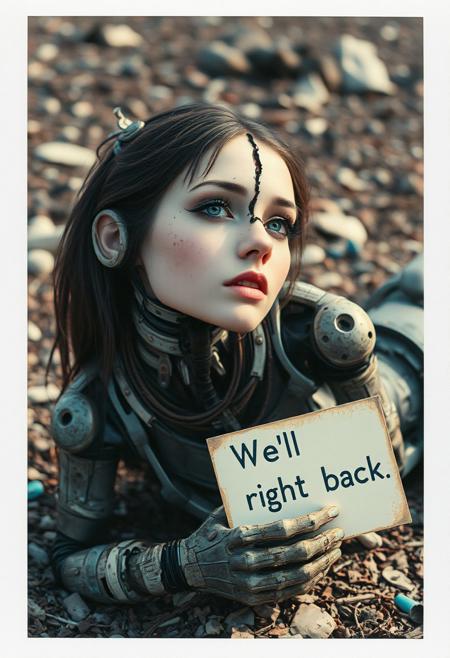 biomechanical style Photo of a broken ruined cyborg girl in a landfill, robot, body is broken with scares and holes,half the face is android,laying on the ground, creating a hyperpunk scene with desaturated dark red and blue details, colorful polaroid with vibrant colors, (vacations, high resolution:1.3), (small, selective focus, european film:1.2), with sign "We'll be right back", dappled light, <lora:BioPunky:0.8> , blend of organic and mechanical elements, futuristic, cybernetic, detailed, intricate, Cinematic portrait photography, capture subject in a way that resembles a still frame from a movie, cinematic lighting, story, narrative quality, drawing viewers into the scene and evoking a sense of cinematic immersion, capturing emotion, professional, engaging, compelling composition