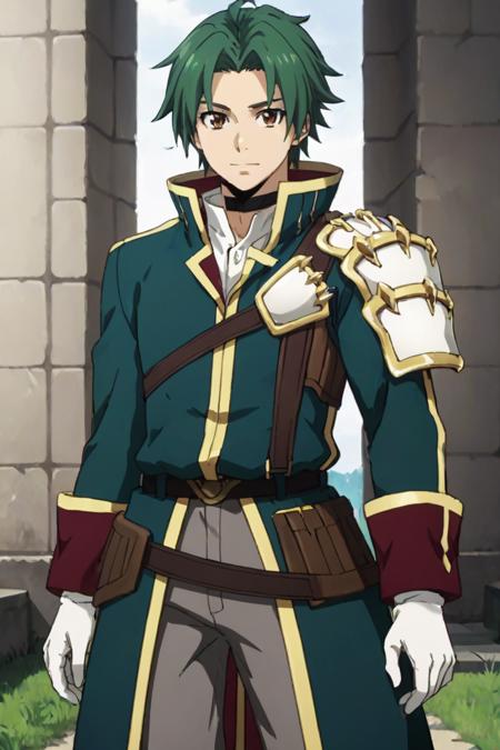 Theo Cornaro green hair orange eyes choker, long green coat, closed coat, left arm armor, gold and white left arm armor, white glove, belt, grey pants, brown straps, brown knee boots