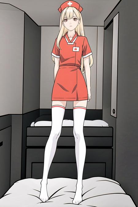 long_hair,red_eyes,blonde_hair,staring,((slim legs)),(white_thighhighs),(no shoes),sleeves,flat_chest,nurse cap,((nurse)),flat color,petite,solo,staring,full body,on bed,staring,nurse,,