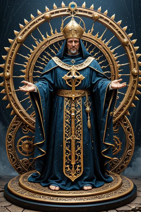 (the chronophage bishop:1.4), robed figure with brass clockworks woven into vestments, face hidden behind rotating zodiac disc, limbs jointed like antique automata, holding twin scepters made of reversed pendulums, hourglass core where sands flow upward, halo of suspended gears ticking backward, altar beneath etched with backwards scripture, layout:center composition, light:rim lighting, light:subsurface scattering, light:bounce lighting, env:misty ruins, env:night sky, env:cosmic backdrop, lens:analog lens, lens:postprocess LUT, lens:full-frame sensor <lora:crazywhatever-style:0.8000000000000002>