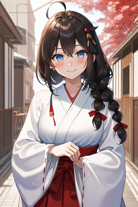 best quality, masterpiece, highres, solo, {white kimono:1.35}, {red hakama:1.35}, {wide sleeves:1.20}, {shigure_kantaicollection:1.15}, long_hair, blue_eyes, ahoge, hair_flaps, braid, single_braid, hair_ornament, brown_hair, blush, black_hair, smile, hair_between_eyes, breasts