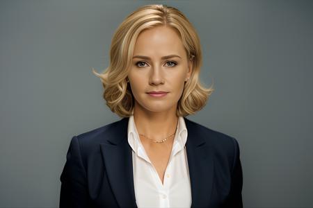 3l1z4b3ths-v1, a portrait of a woman with blonde hair, upper body, dark blue business suit, blue shirt, plain white background
intricate details, hyperdetailed, cinematic, 
 <lora:3l1z4b3ths-v1:1>