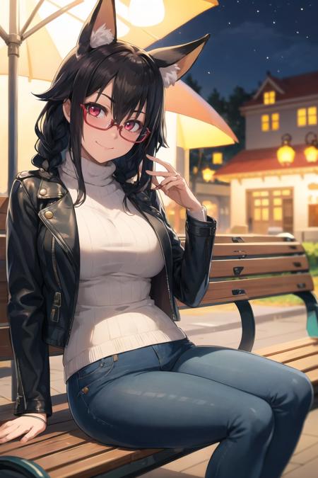 1girl, solo, sidelocks, twinbraids, (black hair), red eyes, smug, smirk, glasses, sitting, bench, partk, at night, long hair, white sweater, (leather jacket), (black jacket:1.2), fox girl, fox ears, fox tail, jeans, black tail,   <lora:Panda-Ookuma-style-v1.1_400824:1>